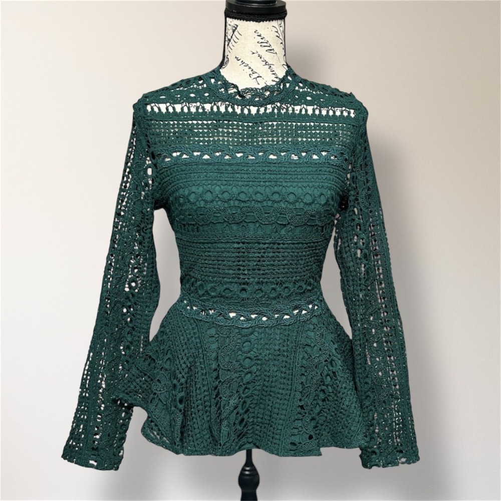 Anthropologie Endless Rose XS Green‎ Crochet Lace Long Sleeve Peplum Blouse Boho
